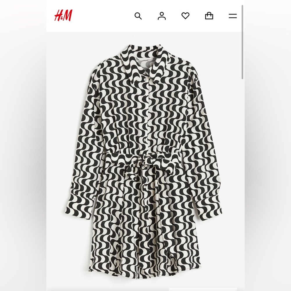 H&M Black and White Patterned Tie Belt Dress